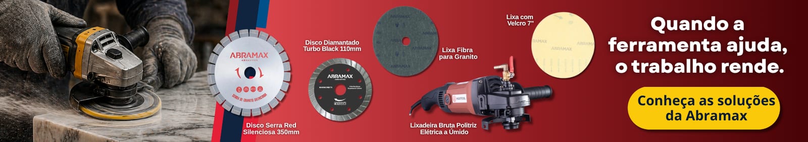 Banner de linha de produtos Abramax para acabamento e polimento
