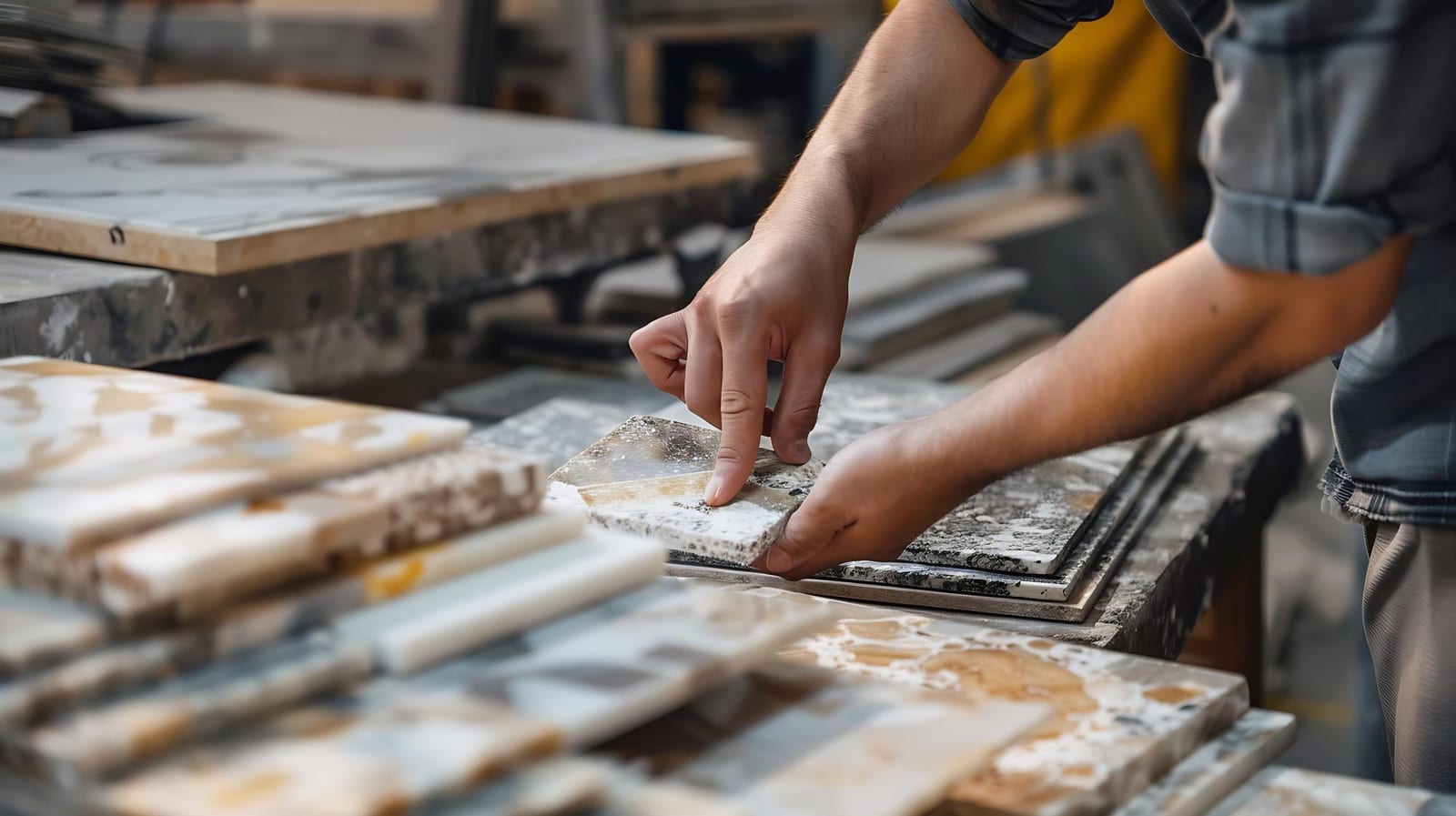 Profissional seleciona amostra de pedra entre pilhas de chapas